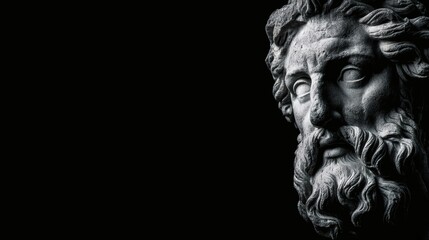 Ancient Sculpture: A close-up view of a classical marble bust, showcasing intricate details of a bearded face against a stark black background