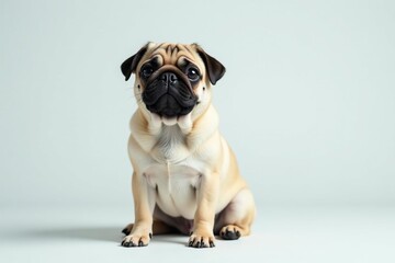 Fototapeta premium Adorable pug dog sits alone on white background, looking directly at camera, face, adorable, puppy