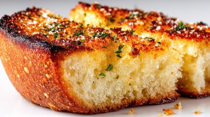 a slice of warm, buttery garlic bread with a crispy crust on a white isolated background, savory and aromatic design