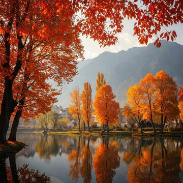 aesthetic nature, 4k nature wallpaper 4k, wallpaper nature images, nature background images | Autumn in Kashmir Wallpaper HD 4K &ndash; Chinar Trees, Lake, Misty Mountains