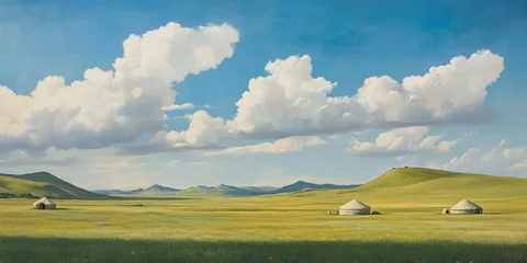 Selbstklebende Fototapeten Idyllic mongolian steppe landscape with gers and rolling hills under blue sky © Atmospheric stock