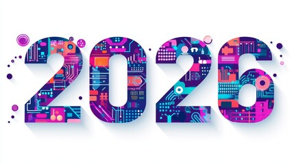 Futuristic circuit-themed design of number 2026 in vibrant colors