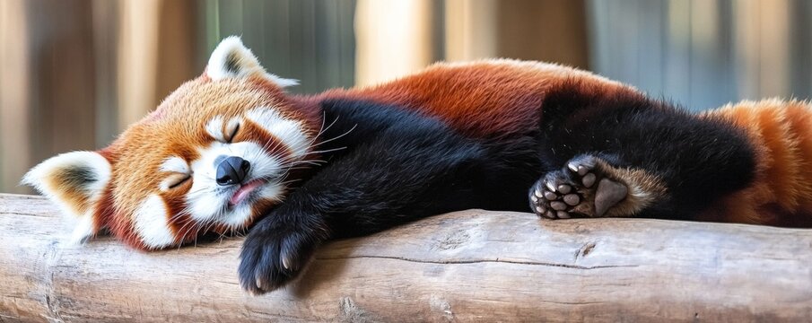 Sleepy red panda resting on a log.