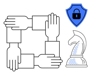 Interlocked hands illustrate collaboration shield with lock conveys security chess knight symbolizes strategy. Ideal for teamwork, security, strategy, partnership, unity, planning, problem-solving