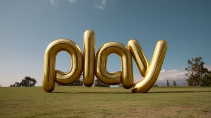 Giant golden inflatable play sign on sunny lawn under blue sky