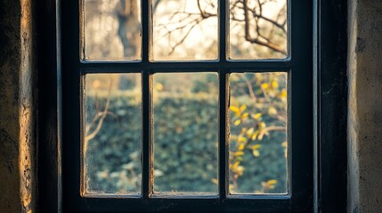 A view through a window with a black frame showing a garden with trees and foliage outside in daylight