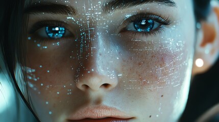 Close up of a woman's face with digital lines and glowing lights overlayed on her skin and blue eyes