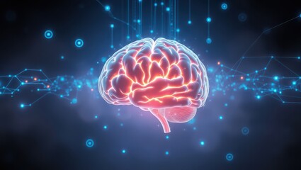 Illuminated brain with connected dots and lines against a dark blue and purple gradient background