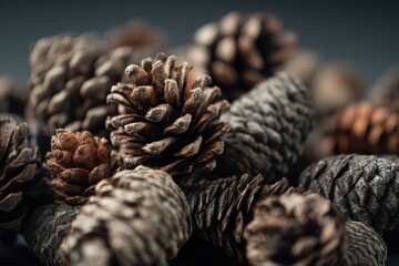 Closeup view of assorted brown pine cones natural texture background wood life dark cozy warm macro
