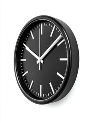 Modern Black Wall Clock Design - A minimalist black round clock with silver hands, symbolizing time, precision, simplicity, elegance, and modern design