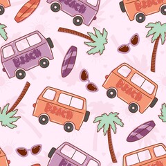 Summer concept pattern design with beach written car, palm, surfboard drawings