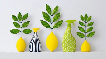 Stylized lemons & spray bottles with green leaves on white background