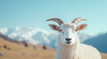 Naklejka premium Majestic white goat in mountain landscape scenic view sky farm calm wool blue rural image photo grass