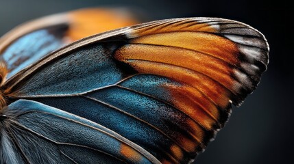 A stunning close up of a butterfly wing unveils a mesmerizing interplay of blue and burnt orange hues