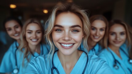 Obraz premium Group of Medical Professionals in Uniforms with Stethoscopes Smiling and Ready for Healthcare
