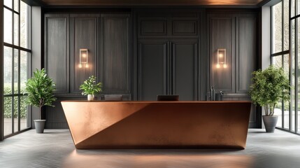 Modern copper reception desk in luxury lobby