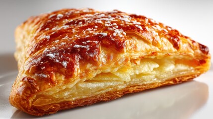 a close-up of a freshly baked apple turnover with a golden flaky crust on a white isolated background, warm and delicious design