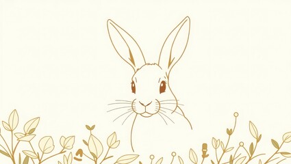 Obraz premium A delicate line drawing of a rabbit surrounded by stylized foliage on a cream colored background