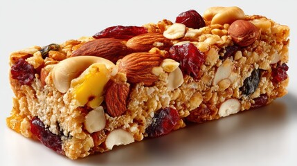 a close-up of a crunchy, golden granola bar with nuts and dried fruit on a white isolated background, healthy and energizing design