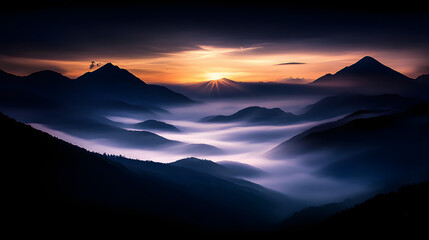 Fototapeta premium A dreamy landscape of mountains and valleys blanketed in fog, with the first light of day revealing the silhouettes of peaks.