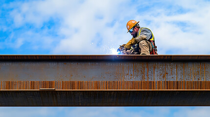Construction Worker Welding on a Steel Beam