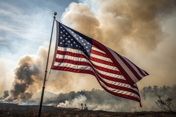 American Flag Surrounded by Billowing Smoke in the Distance Generative AI