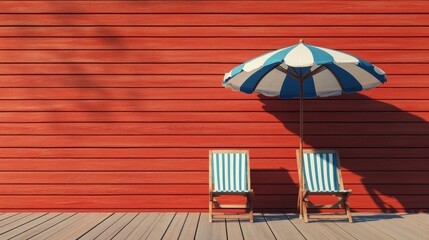 Striped beach chairs and umbrella against red wooden wall