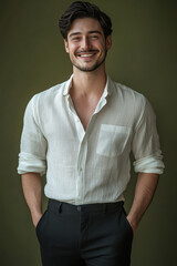 Obraz premium Fashion Photography of smiling man in white linen shirt and black trousers, olive green backdrop