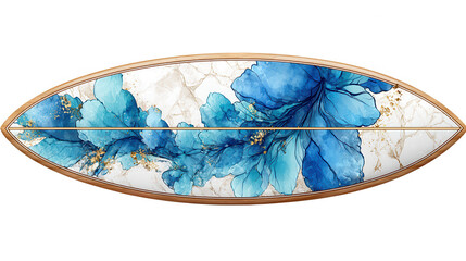 A rebg 801 surfboard showcasing vivid blue flower design pattern.