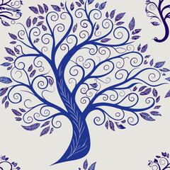 Elegant pattern design featuring intricate blue trees with swirling branches and leaves on a light background