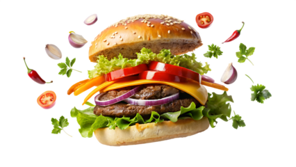 Juicy hamburger. Ingredients fly in the air, isolated on white background.PNG
