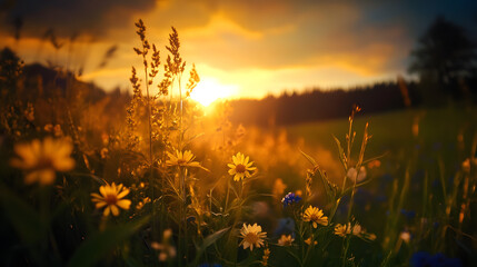 A dreamy wildflower field glowing softly in the light of the setting sun.