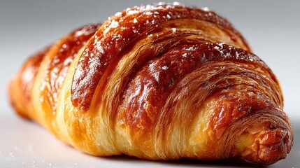 a close-up of a golden-brown croissant with a flaky texture and soft interior on a white isolated background, warm and buttery design