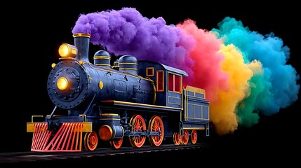 Vintage steam train emitting vibrant rainbow smoke against black backdrop