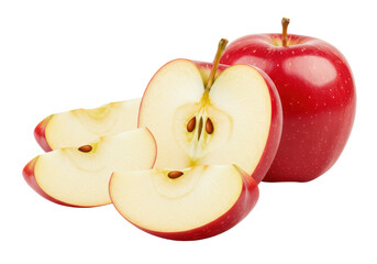 Red apple with slices and half apple isolated on transparent background