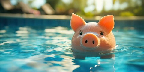 Cute pig-shaped float toy bobbing in a swimming pool during sunny daytime
