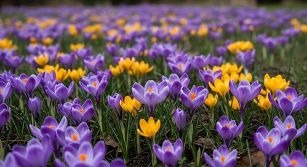 Fototapeta premium Crocus Flowers Blooming in a Meadow with Purple and Yellow Petals
