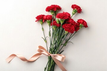Fototapeta premium Bright Red Carnations Beautifully Arranged With a Ribbon Generative AI