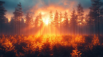 Golden Hour in the Enchanting Pine Forest: A Digital Painting of Sunrise
