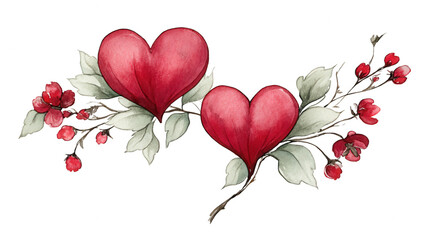 Two watercolor red hearts with floral elements design from rebg 951.