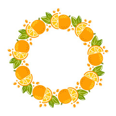 Hello Summer Vector illustration, round frame showing juicy orange fruits and green leaves, splashes of juice. Perfect for any occasion, embodies the essence of summer and delicious taste.