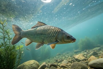 Fototapeta premium Carp Fish Swimming Gracefully in Clear Water Habitat Generative AI