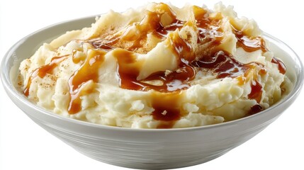 a steaming bowl of creamy mashed potatoes with gravy on top on a white isolated background, comforting and savory design