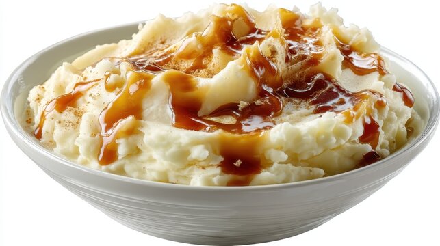 a steaming bowl of creamy mashed potatoes with gravy on top on a white isolated background, comforting and savory design