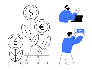 Plants with dollar, euro, and pound symbols growing from money stacks, a person on a laptop, and another presenting a play button interface. Ideal for finance, investment, economy, online education