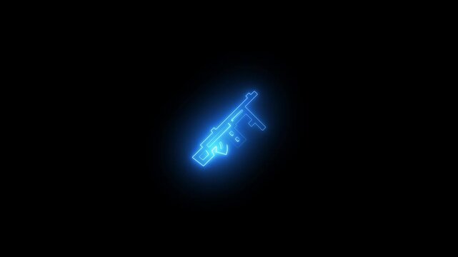 a glowing neon machine gun icon animation video on black background