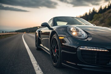 Close up View of a Sleek Black Sports Car on an Open Road Generative AI