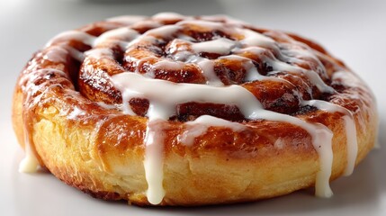 Fototapeta premium a close-up of a soft and warm cinnamon roll with a glaze on top on a white isolated background, sweet and comforting design