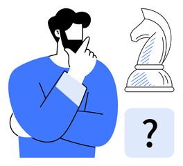 Adult in deep thought gestures near a knight chess piece, symbolizing strategy, decision-making, problem-solving. Ideal for planning, strategy, critical thinking, logic, success decision-making