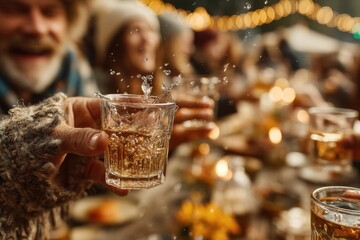 Group of friends celebrating and toasting with drinks in a lively atmosphere